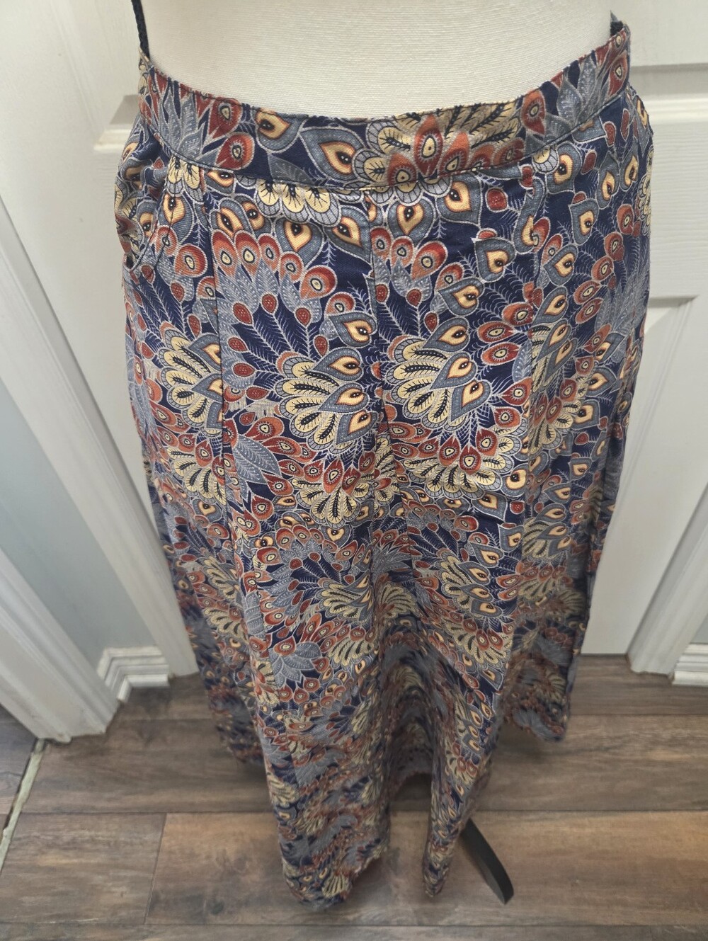 Handmade Flare Out Peacock Print Skirt With Pockets